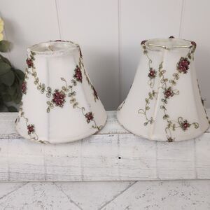 Embroidered Rose Fabric Clip On Lamp Shade Pair Shabby Country Cottage 5" Tall